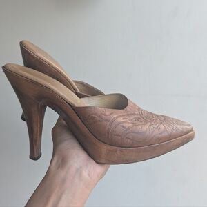 Salpy Artisan Tooled Leather Snakeskin Cap Toe Western Snip Toe Mules Size 8